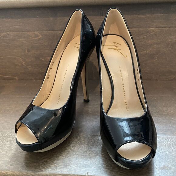 Giuseppe Zanotti Heels Women 36 US 6 Black Tan Patent Leather Peep Toe READ - Picture 1 of 16